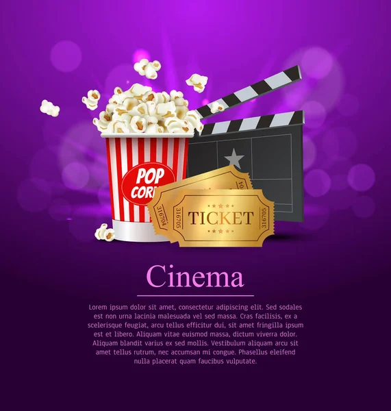 Purple Cinema Movie Design Poster design. Vector template banner for movie premiere or show with seats, popcorn box, clapperboard and gold tickets. — Stock Vector