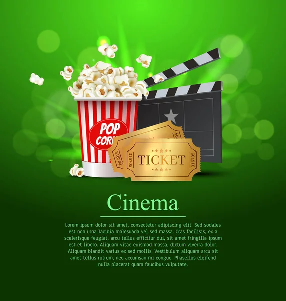 Grön bio Film Design Affisch design. Vektor mall banner för filmpremiär eller show med säten, popcorn box, clapperboard och guldbiljetter. — Stock vektor