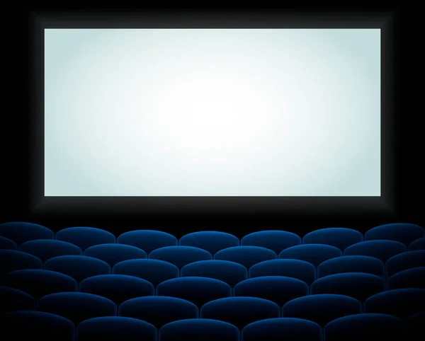 Interior de un cine de cine, sala de conferencias con espacio de copia en la pantalla y filas de asientos de cine azul o teatro en frente. Auditorio de cine vacío con pantalla blanca. Ilustración vectorial. EPS 10 . — Vector de stock