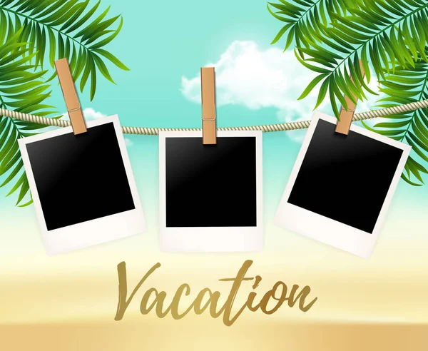 Summer three photo frames on the rope with summer sea and beach vacation - vector illustration. Blank polaroid photos on the clothespin with palm trees. Summer Hot background for your photo. — Stock Vector