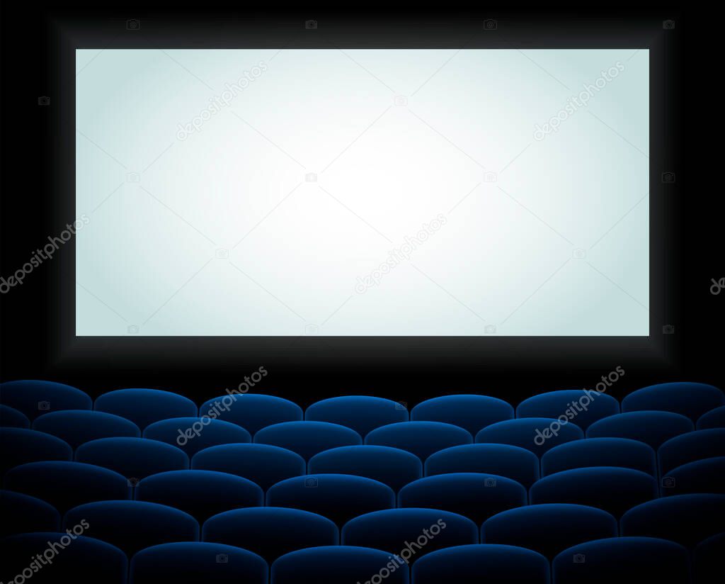 Interior of a cinema movie theatre, lecture hall with copyspace on the screen and rows of blue cinema or theater seats in front. Empty Cinema auditorium with white screen. Vector illustration. EPS 10.