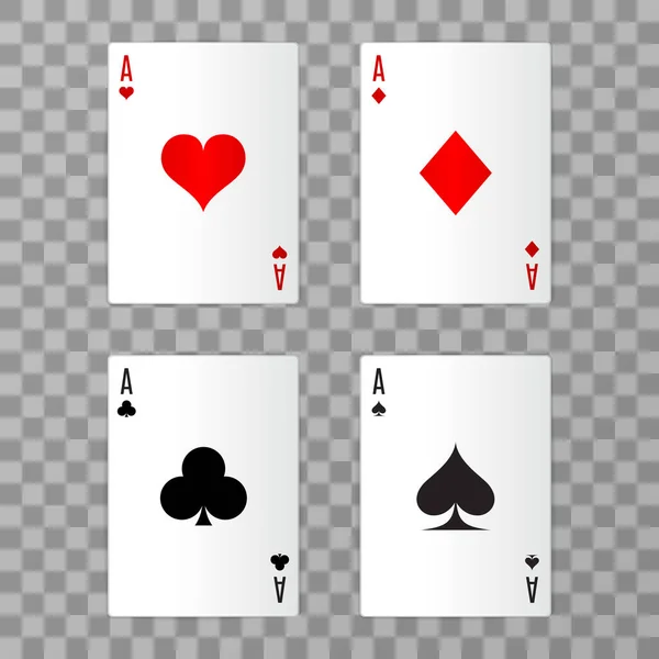 Set von Vektor-Ass-Spielkarten mit Schatten auf transparentem Hintergrund. Leicht zu ersetzen. Vektorillustration. EPS 10. — Stockvektor