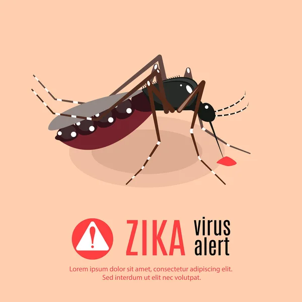 Zika alarm ilustracja z komarów Aedes Aegypti żądła, gryzie i pije krew. — Wektor stockowy