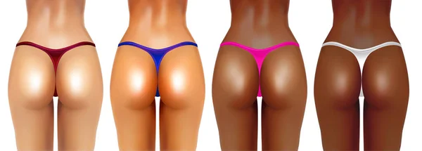 Vector set of beautiful sport and fit women ass In thongs, Different nations and nationalities: African, American, Asian, European, Brazilian lady sexy back. Different skin color female sexual ss. — Image vectorielle