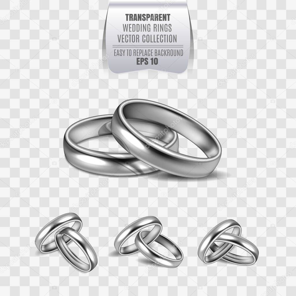 Realistic 3D shining set of wedding silver plated metallic rings. Two metallic rings on transparent background isolated for a married couple. Vector illustration. EPS 10.