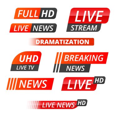 Vektör TV haber afişi arayüzü, haber etiketi ya da simgesi, canlı haber, flaş haber, tam HD, ultra HD, dramatize, canlı yayın yazıları. Kırmızı ortam etiketleri kümesi.