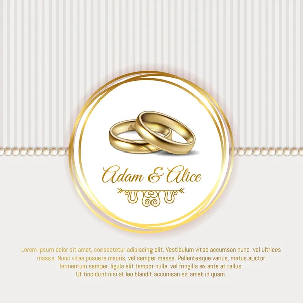Mooie elegante premium bruiloft uitnodiging in witte en gouden kleuren, met trouwringen en parels, Vector illustratie. Eps 10. — Stockvector