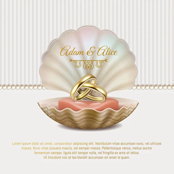 Mooie elegante premium bruiloft uitnodiging in witte en gouden kleuren, met bruiloft gouden ringen in een schelp en parels, Vector illustratie. Eps 10. — Stockvector
