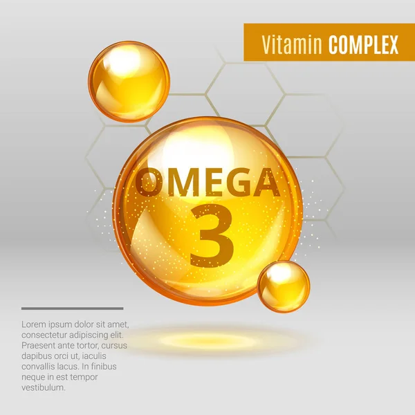 Vitamina Omega-3 Ácidos gordos ouro brilhante cápsula ícone. Complexo vitamínico com fórmula química Suplemento dietético .Shining gota substância dourada ou gota essência. Medicamentos para anúncios de saúde. Vetor . — Vetor de Stock