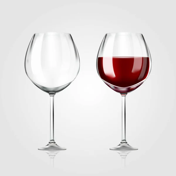 Vetor realista copos cheios e vazios de vinho tinto belo vidro brilhante isolado no fundo branco com bebida de uva vermelha. EPS 10 . — Vetor de Stock