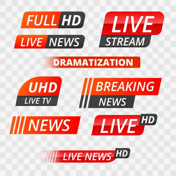 Διανυσματική τηλεοπτική διεπαφή banner ειδήσεις, ταινία ετικέτα ειδήσεων ή εικονίδιο, ζωντανά νέα, έκτακτη είδηση, πλήρης Hd, ultra HD, δραματοποίηση, ζωντανή επιγραφή ρεύμα. Κόκκινο σύνολο ετικετών πολυμέσων σε διαφανές φόντο — Διανυσματικό Αρχείο