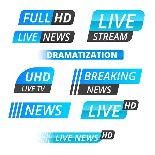 Interfaz de banner de noticias de televisión vectorial, tira de etiqueta de noticias o icono, noticias en vivo, noticias de última hora, Full Hd, ultra HD, dramatización, inscripción de transmisión en vivo. Conjunto azul de etiquetas multimedia sobre fondo blanco — Archivo Imágenes Vectoriales