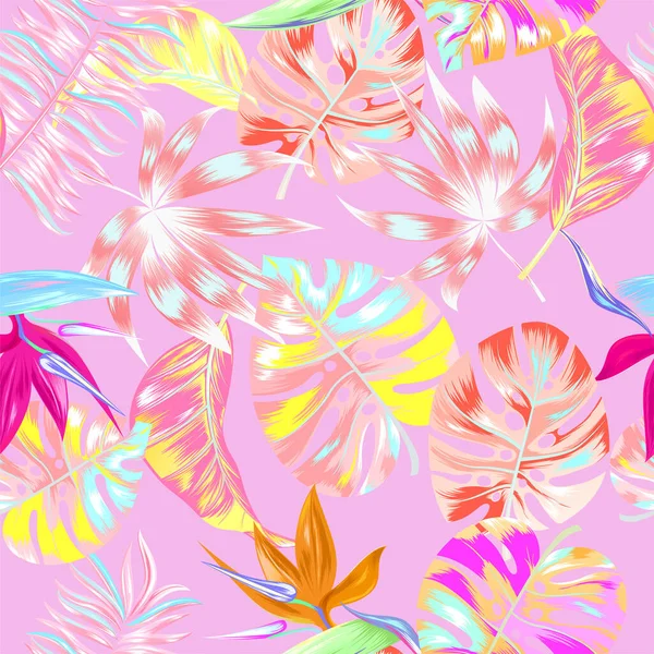 Beautiful pink summer trendy jungle tropical seamless vector illustration. Fashionable abstract tropical nature and floral pattern background with colorful palm leaves. — Stock Vector
