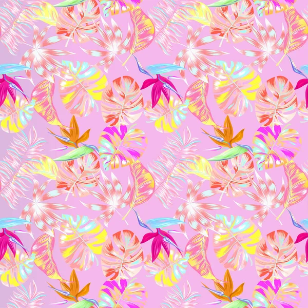 Beautiful pink summer trendy jungle tropical seamless vector illustration. Fashionable abstract hawaii tropical nature and floral pattern background with colorful palm leaves. — Stock Vector