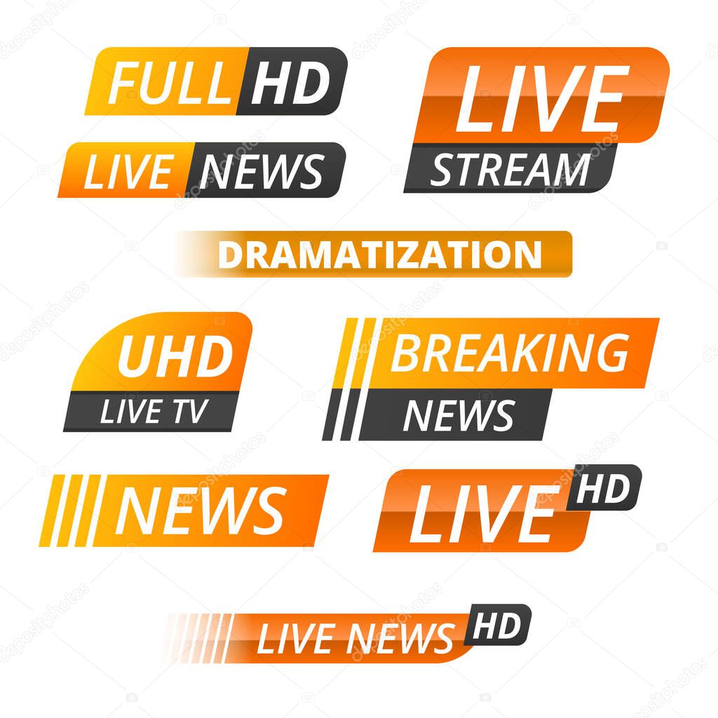 Vector tv news banner interface , news label strip or icon, live news, breaking news, full Hd, ultra HD, dramatisation, live stream inscription. Yellow set of media labels on white background