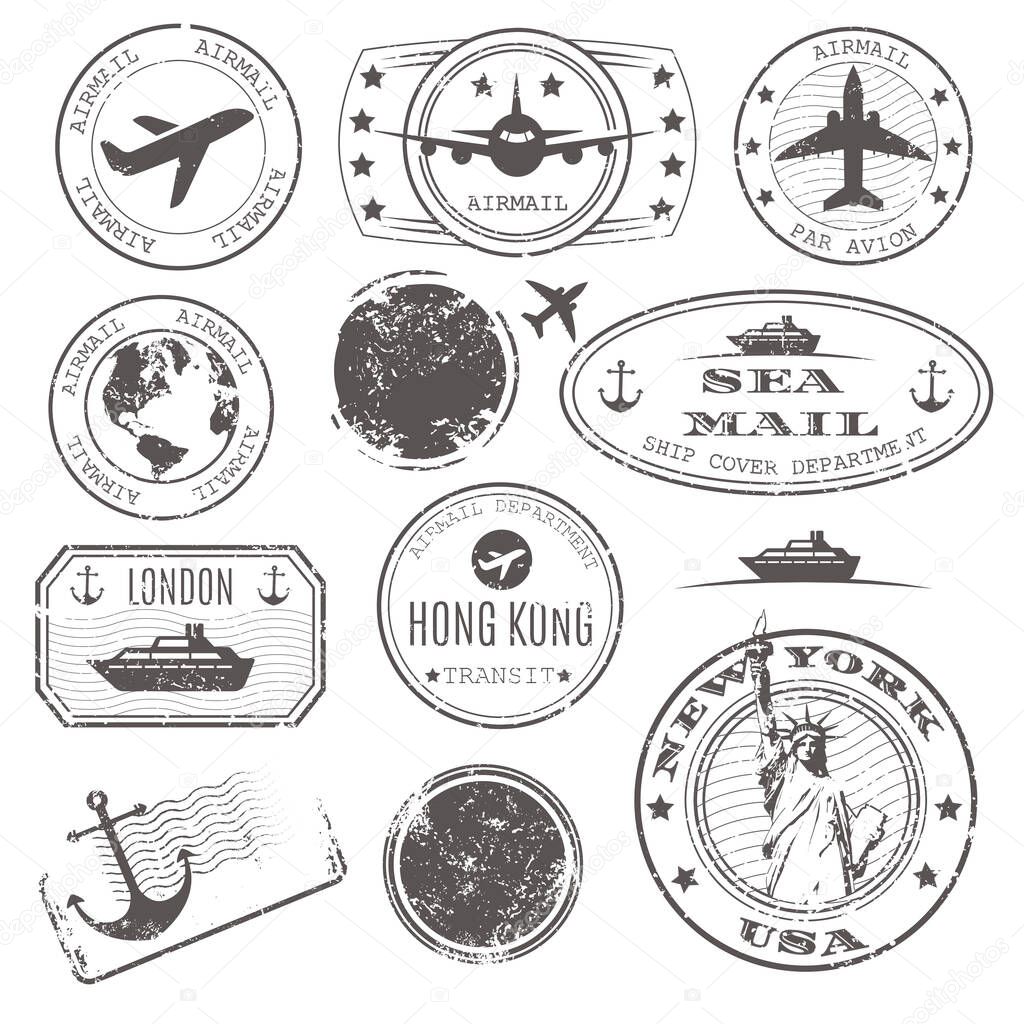 International travelpost delivery departure stamps vector set. New York, hong kong and port, airplane, sea ship cpver mail by ship or boat illustration