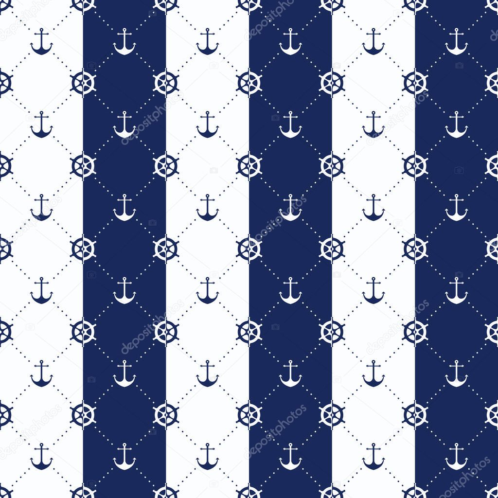 Vector sea and nautical seamless pattern. Vintage old marine print abstract textile with Steering wheel, anchor. Sailors boat symbols. Water geometric style ornament with white and cyan colors.