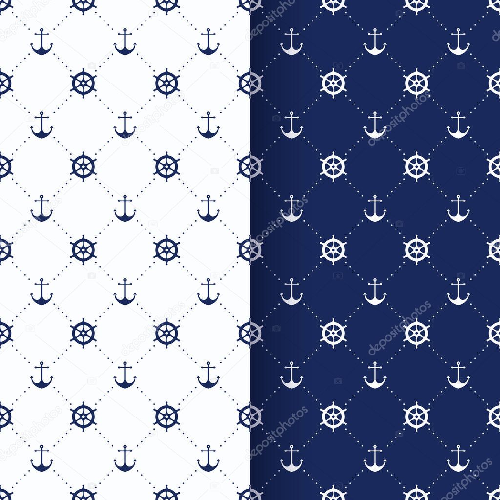 Vector sea and nautical seamless pattern. Vintage old marine print abstract textile with Steering wheel, anchor. Sailors boat symbols. Water geometric style ornament with white and cyan colors.