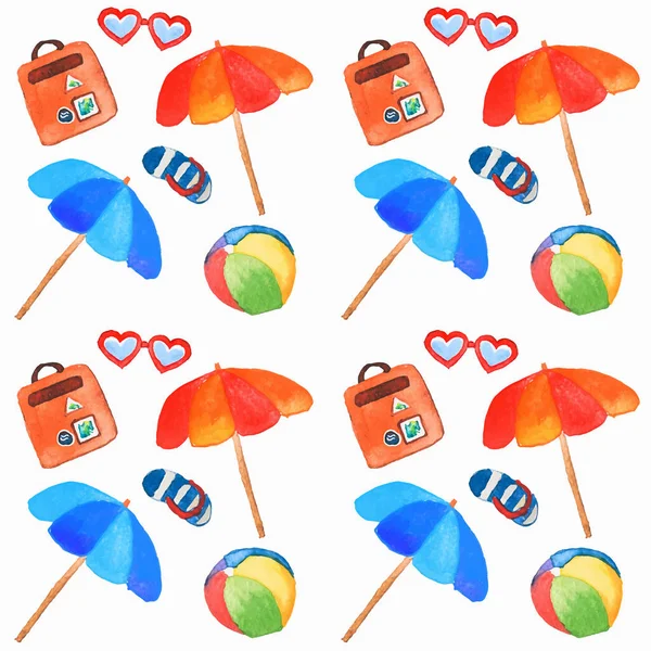 Cartoon kleurrijke naadloze achtergrond van de zomer aquarel elementen, aquarel patroon van vakantie spullen: strand paraplu, koffer, zonnebril, bal, billenkoek — Stockvector