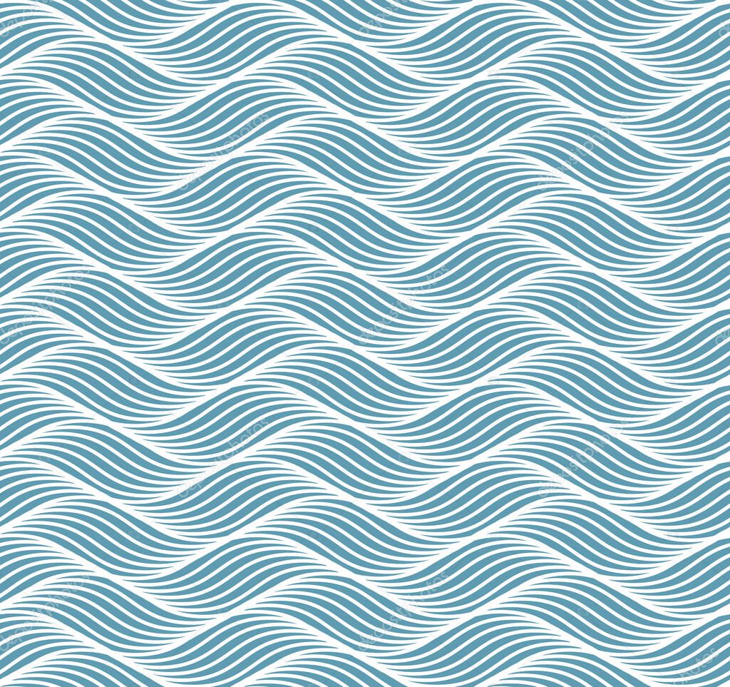 Geometric simple pattern with abstract waves, lines, stripes. A seamless vector background. Blue ocean or sea ornament. Vector illustration.