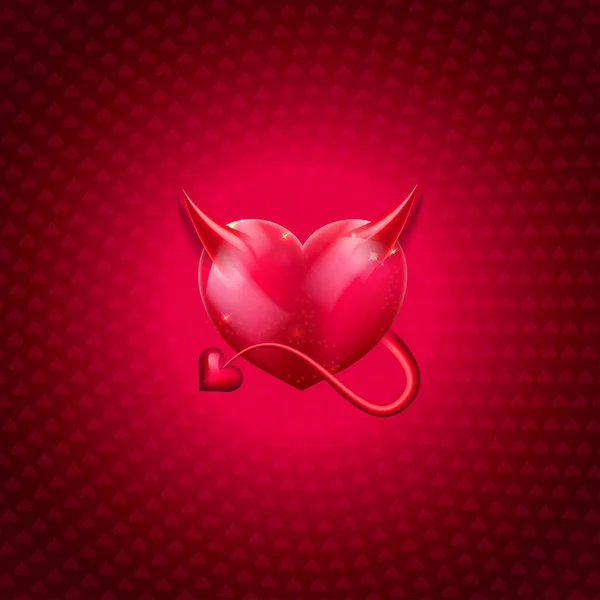 Vettore lucido bel cuore sexy con corna diavolo e una coda sullo sfondo rosso con mezzitoni cuore. — Vettoriale Stock