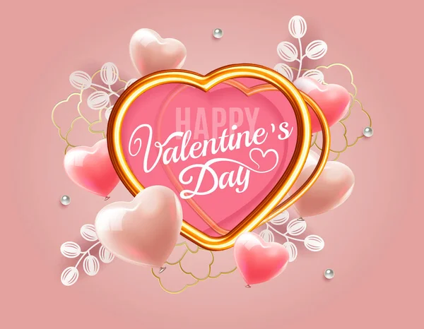 Feliz día de San Valentín diseño de fondo con globos realistas en forma de corazón y marco de corazón dorado y elementos de corte de papel. Tarjeta de felicitación, oferta de venta de San Valentín, invitación, plantilla de banner. Vector . — Archivo Imágenes Vectoriales