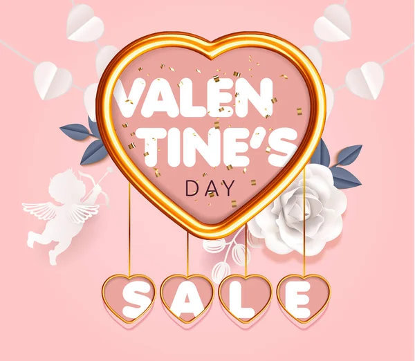 Valentines day sale offer banner template. Pink heart with golden frame and lettering. Paper flowers and leaves and cupid love on light pink background. Valentines Heart paper tags garland Vector — Stock Vector
