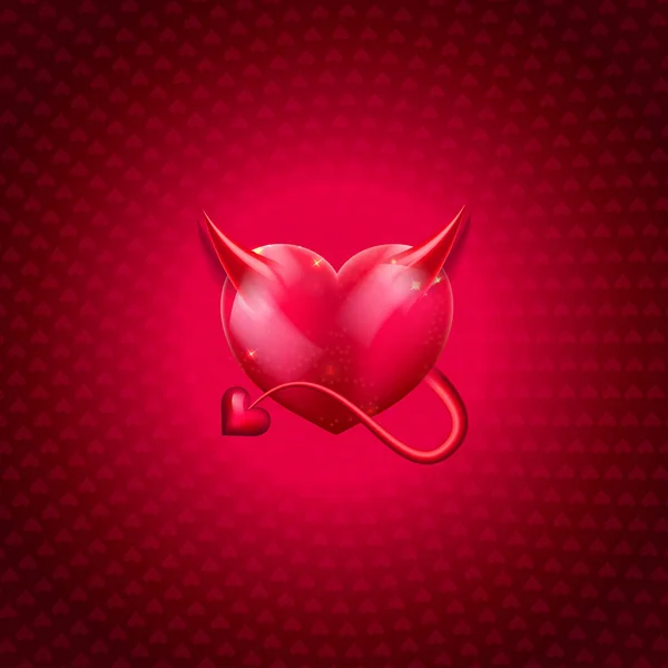 Vector glossy beautiful sexy heart with devil horns and a tail on the red background with heart halftone. — Stock Vector