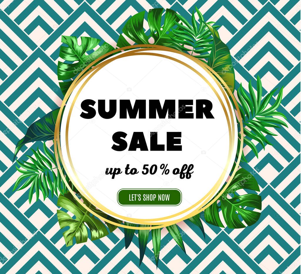 Summer Sale banner, promo poster with palm leaves, jungle tropical leaf. Floral tropical summer ads background. Super sale banner, end of season banner modern design background. Vector illustration.