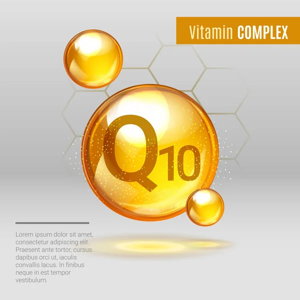 Vitamina Q10 ouro brilhante ícone cápsula pílula. Complexo vitamínico com fórmula química, coenzima Q, ubiquinona. Brilhante gota de substância dourada. Remédios para saúde, anúncios de beleza. Ilustração vetorial . — Vetor de Stock