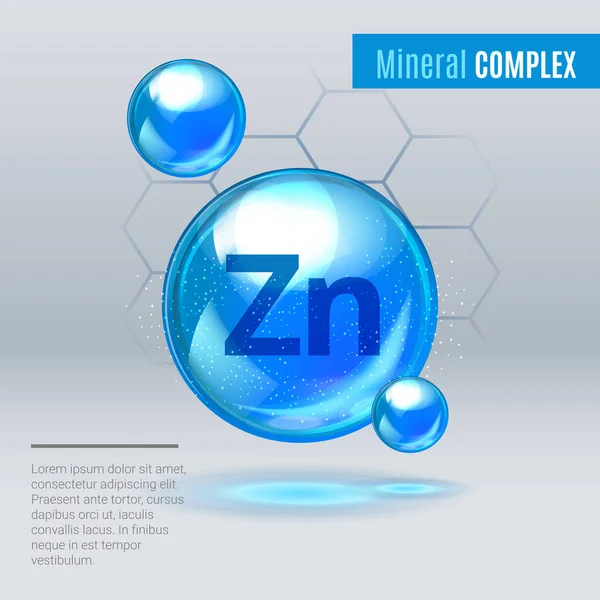 Minerální Zn Zink modrá lesklá pilulka kapsle ikona. Minerální vitaminový komplex s chemickým vzorcem. Zářící azurová kapka. Léky na reklamy na vřesoviště. Vektorová ilustrace. — Stockový vektor