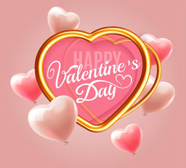 Happy Valentines Day Hintergrunddesign mit realistischen herzförmigen Luftballons und goldenem Herzrahmen. Grußkarte, Valentinsverkauf, Einladung, Bannervorlage. Ladenmarkt Plakatdesign Vector — Stockvektor