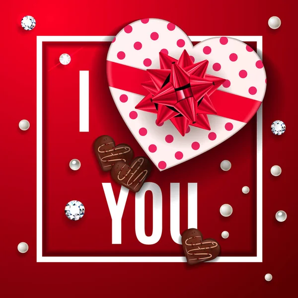 I love you red greeting card. Happy Valentines Day celebrate banner. Top view on romantic composition with gift box of chocolate in heart shape with candy, pearls and diamonds. Vector illustration. — Stock Vector