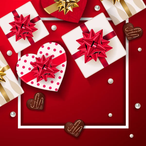 발렌티누스의 날 배경을 축하 해. 하트 모양의 아름다운 로맨틱 선물 상자 세트와 초콜릿을 빨간 배경으로 한 것이죠. 카드 인사에 딱 이야, 가게 현수막. 사랑하는 사람에게 선물을 주 십시오. Vector. — 스톡 벡터
