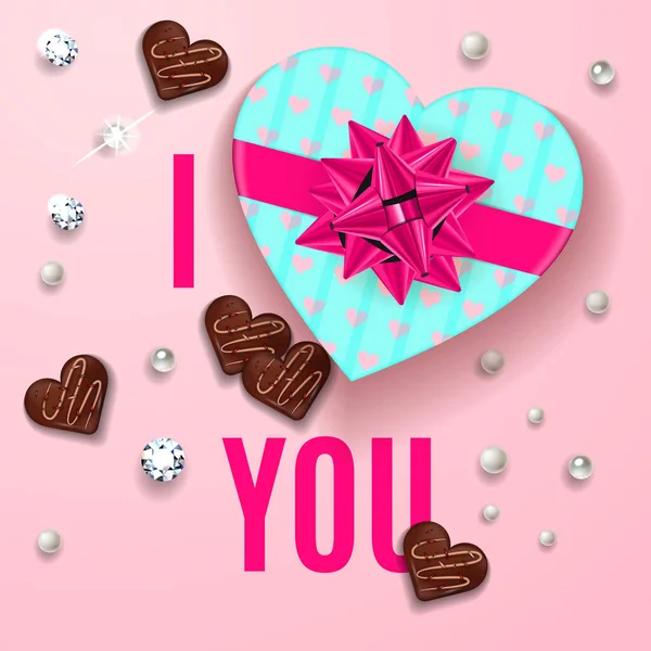 Я люблю тебя, розовая открытка. С Днем Святого Валентина празднуем баннер. Романтический дизайн с подарочной коробкой шоколада в форме сердца с конфетами, жемчугом и бриллиантами. Векторная иллюстрация . — стоковый вектор