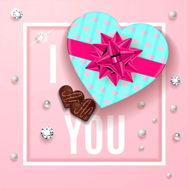 Pembe tebrik kartına bayıldım. Sevgililer Günün kutlu olsun. Kalbinde şeker, inci ve elmaslarla dolu bir kutu çikolatayla romantik bir tasarım. Vektör illüstrasyonu. — Stok Vektör