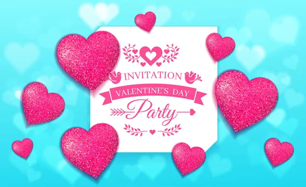 Valentines Day party flyer. Beautiful invitation with pink and blue heart background and realistic shit of paper with rounded corner and ornate lettering. Invitation to nightclub. Vector. — Stock Vector