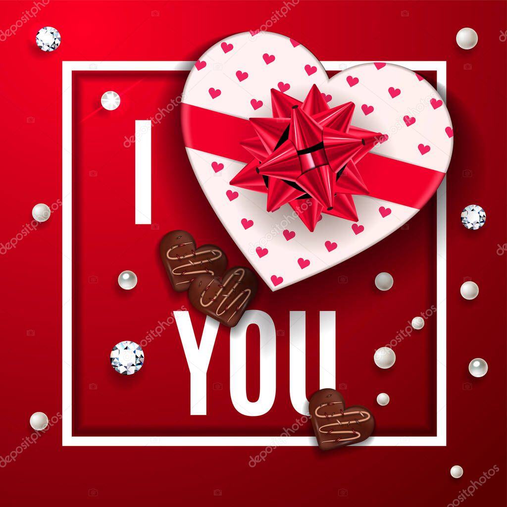 I love you red greeting card. Happy Valentines Day celebrate banner. Top view on romantic composition with gift box of chocolate in heart shape with candy, pearls and diamonds. Vector illustration.