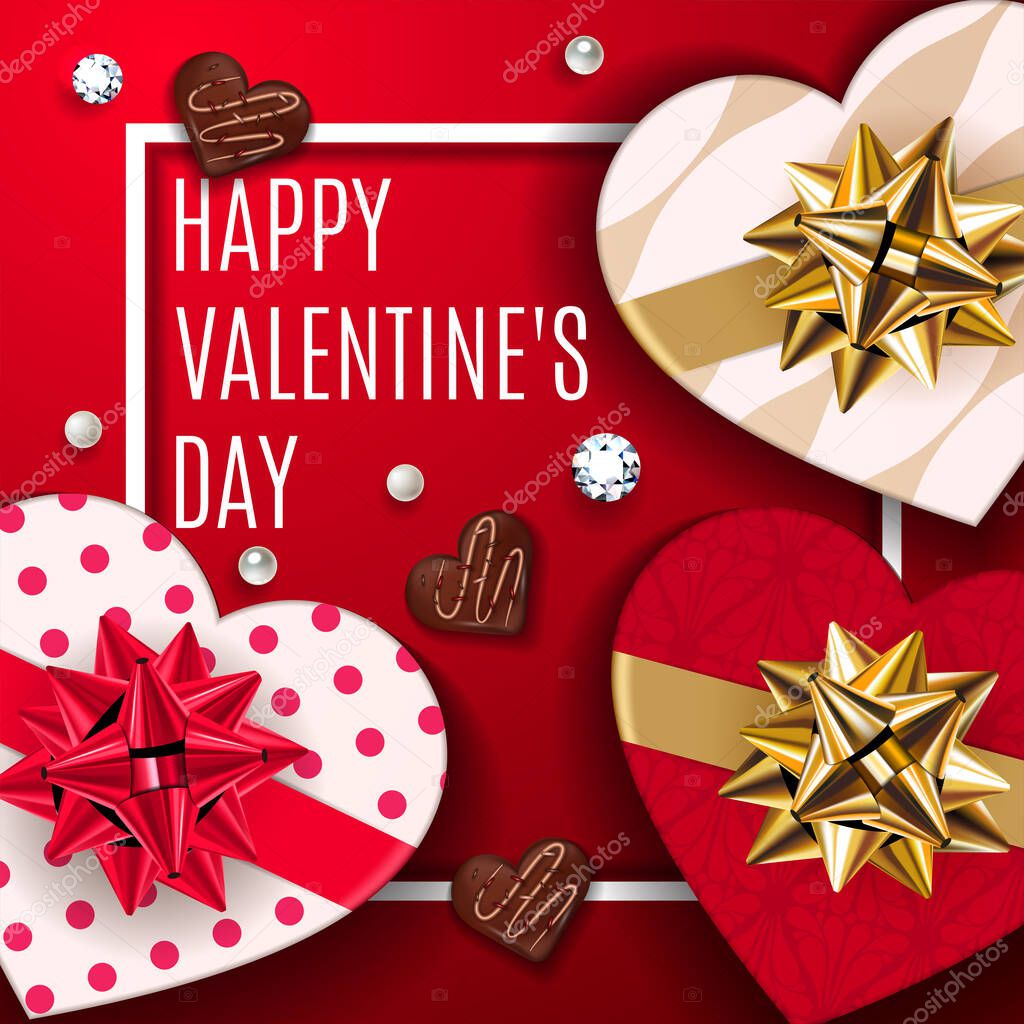 Happy Valentines Day Background with Gift boxes in heart shape, pearl, diamond and chocolate. Give gifts to loved ones. Vector illustration.