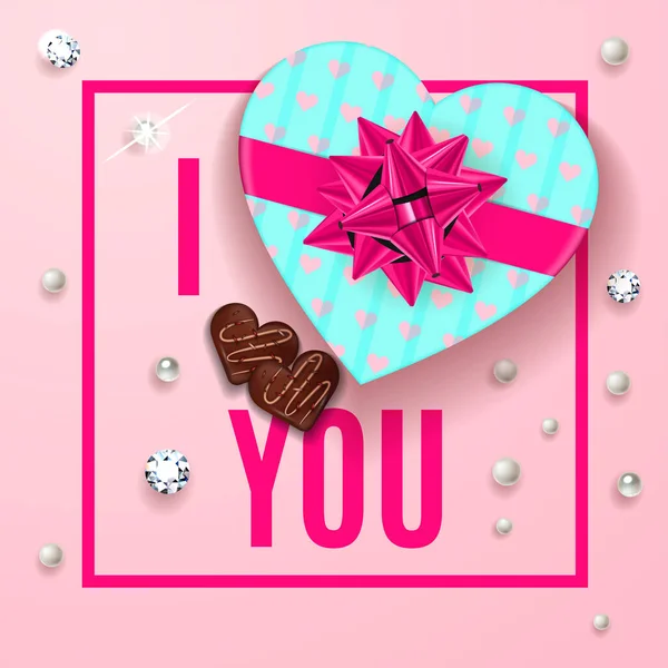 Pembe tebrik kartına bayıldım. Sevgililer Günün kutlu olsun. Kalbinde şeker, inci ve elmaslarla dolu bir kutu çikolatayla romantik bir tasarım. Vektör illüstrasyonu. — Stok Vektör