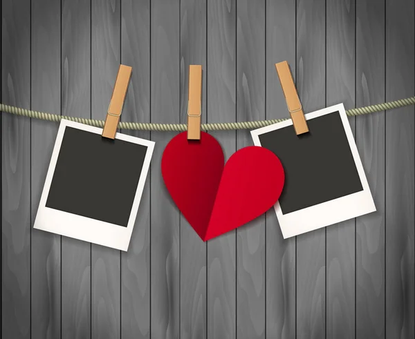 两个相框和心脏情人节挂在绳子上的木制背景。矢量图解。EPS 10. — 图库矢量图片