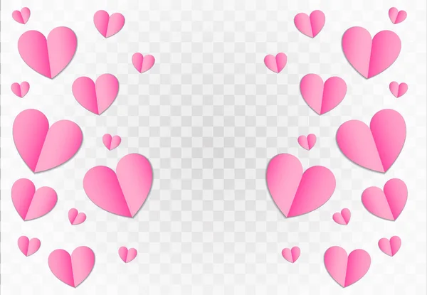 Pink paper hearts pattern background for Valentines Day, wedding template or greeting card design. Vector element of paper Valentines Save the Date love hearts isolated on transparent background. — Stock Vector