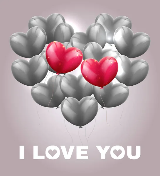 Herz aus grauen Luftballons mit zwei roten Luftballons, ich liebe dich, Grußkarte zum Valentinstag — Stockvektor