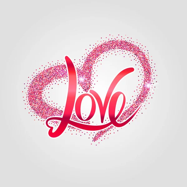 Liefde belettering poster met roze glitter hand getekend hart op de achtergrond — Stockvector