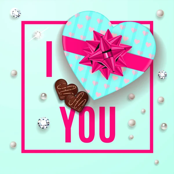Seni zarif mavi tebrik kartını seviyorum. Sevgililer Günün kutlu olsun. Kalbinde şeker, inci ve elmaslarla dolu bir kutu çikolatayla romantik bir tasarım. Vektör illüstrasyonu. — Stok Vektör