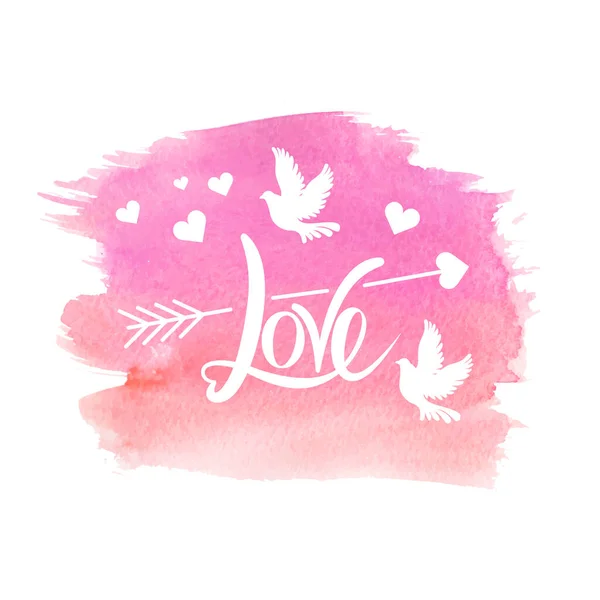 Love Letter Postkarte auf rosa Aquarell Hintergrund mit Pfeil und Herzen — Stockvektor