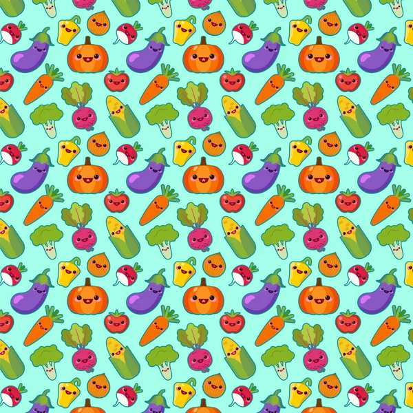 Cute funny vegetables vector seamless pattern. Bright vegetables on blue background. Can be used for textile, wallpaper, wrapping. — Stock Vector