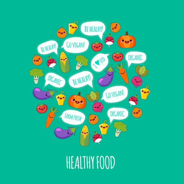 Happy cartoon cute vegetables . Organic food icons vector illustration — Stock Vector