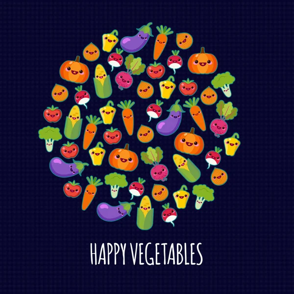 Feliz desenhos animados vegetais bonitos. Ícones alimentares orgânicos ilustração vetorial . — Vetor de Stock
