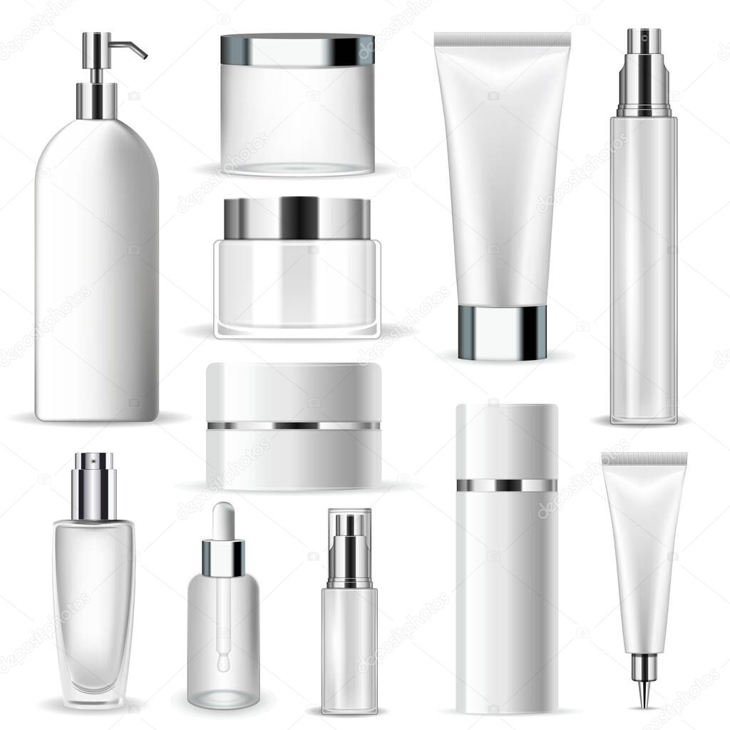 Set vector blank templates of empty and clean white plastic containers with silver elements: bottles with spray, dispenser and dropper, cream jar, tube. Realistic 3d mock-up of cosmetic package.
